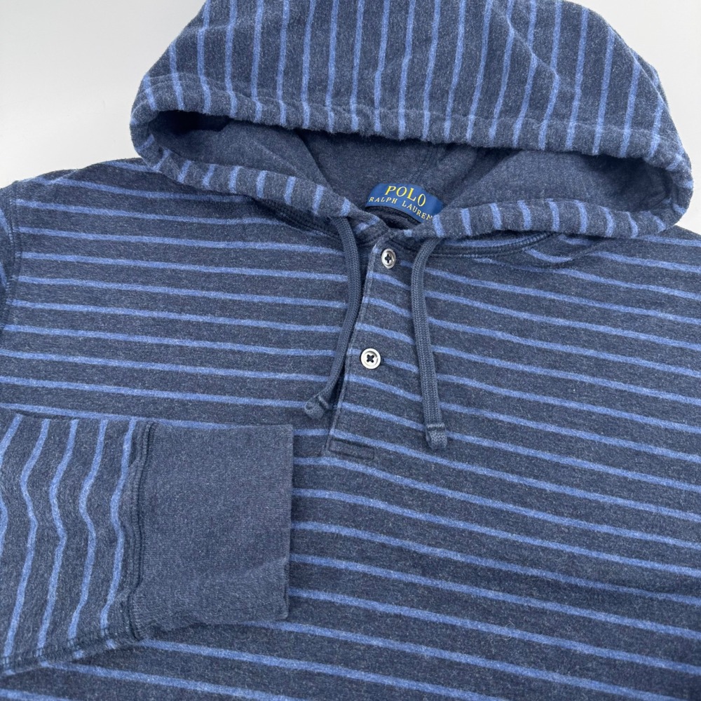 Polo Ralph Lauren Hoodie Mens Large Blue Striped Henley Pullover 710741697003